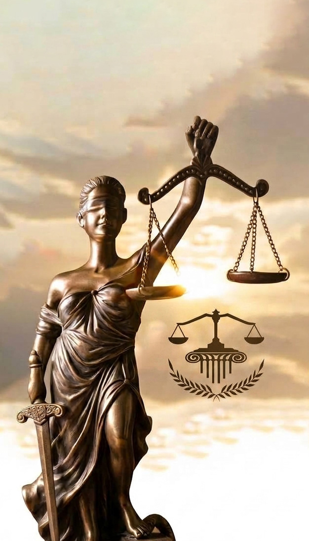 Figura de la Justicia, balanza y logo del estudio